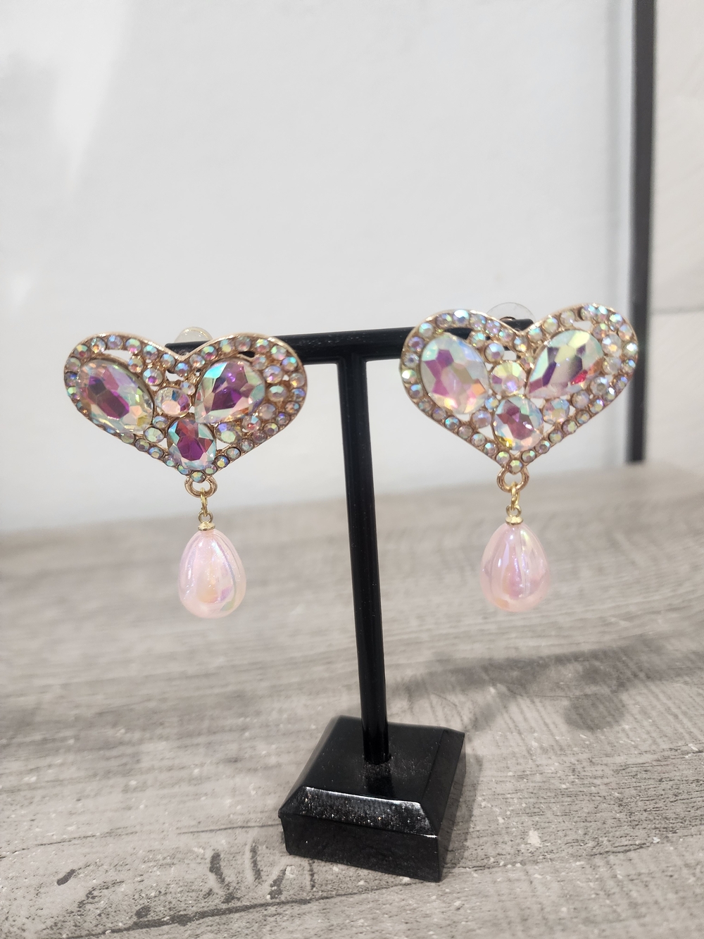 Iridescent Pink Heart Drop Earrings